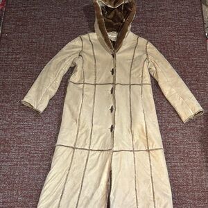 Women's Tan Long Coat with Hood faux suede faux fur full length winter coat med